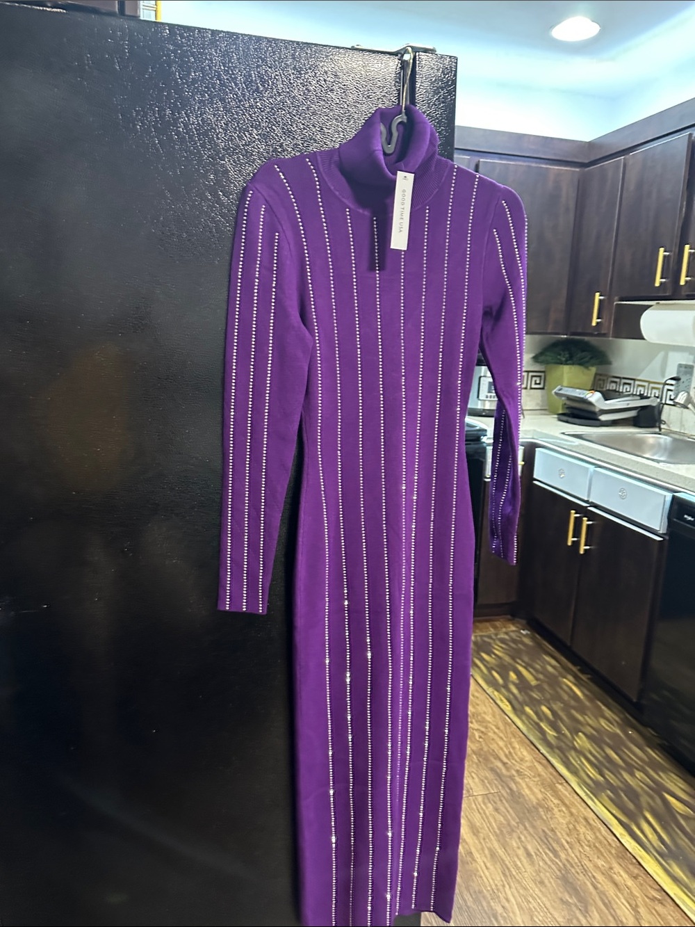 Purple Long-Sleeve Turtleneck Maxi Dress with Metallic Stripes